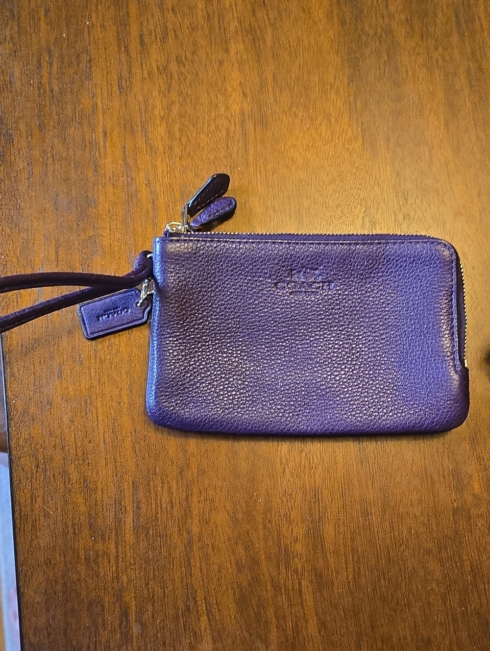 Coach Double Pocket Zip Wristlet Pebbled Leather Purple
